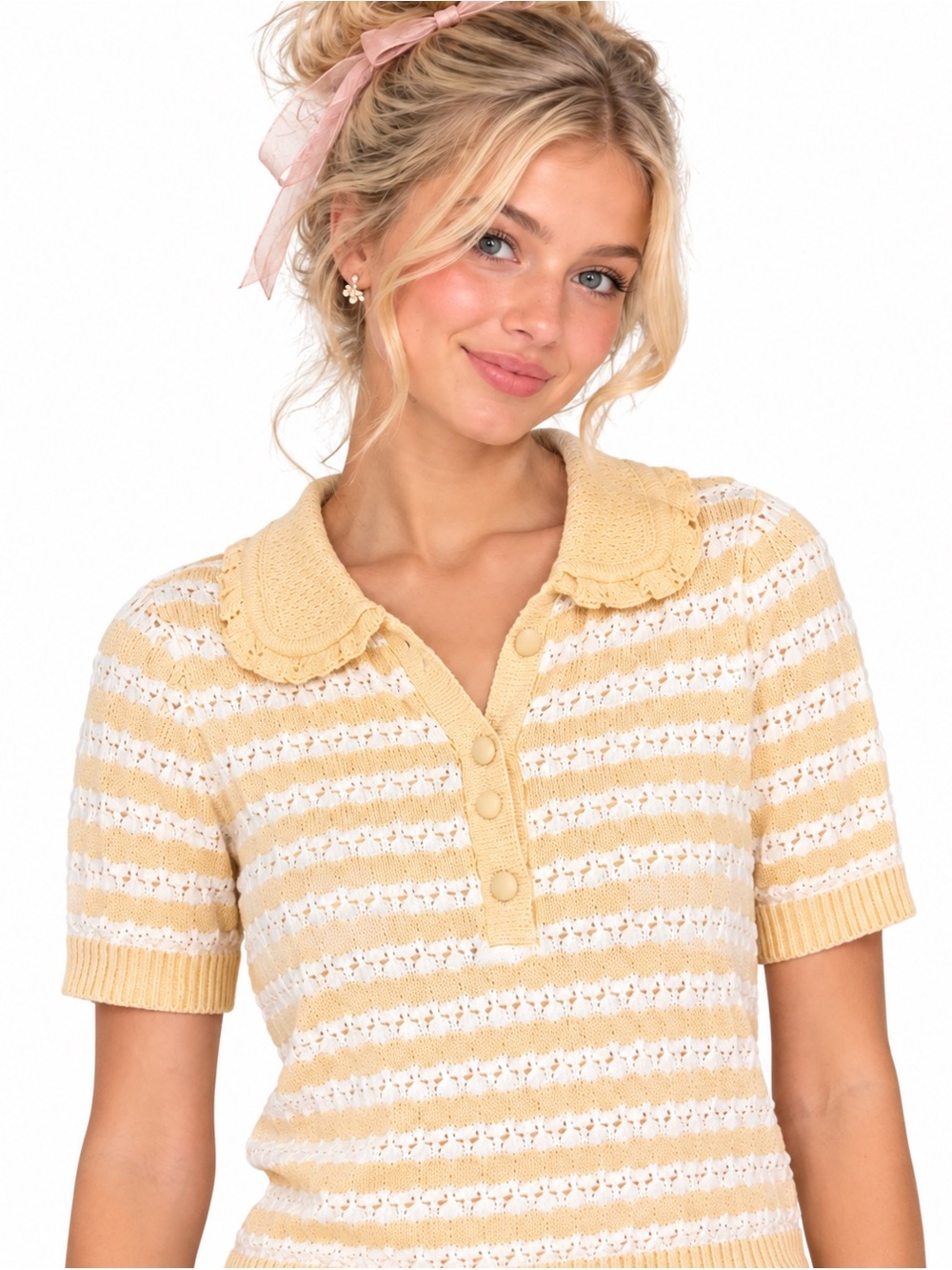 Pale Ecru & beige Striped Knit 3/4 sleeve button front sweater top NEW medium